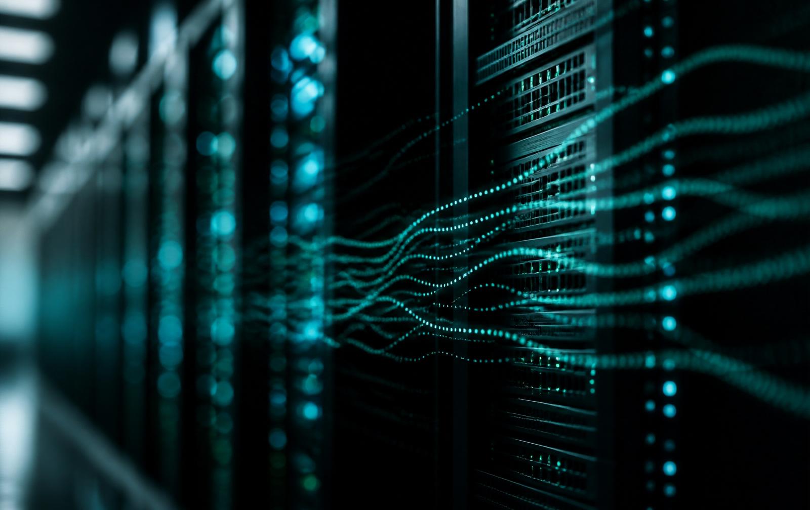 Data center com fluxos de dados — M&A em tecnologia, IA e conformidade